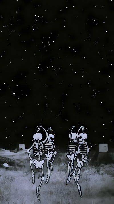 two skeletons are running in the grass at night with stars above them and one skeleton is jumping Aesthetic Edgy Aesthetic Halloween Spooky Phone Backgrounds, Vintage Halloween Art Iphone, Halloween Aesthetic Skeleton, black