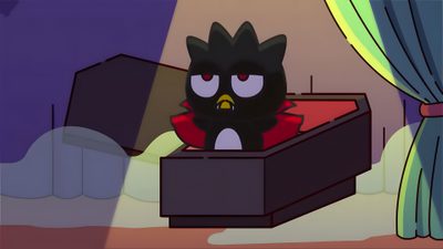 an animated black cat sitting in a box on the floor next to a window with curtains Badtz Maru Halloween Badtz Maru Vampire, Badtz Maru Halloween, Badtz Maru Pc, dark slate blue