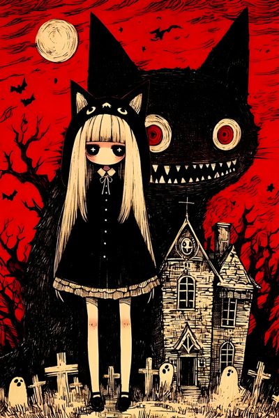 a black cat standing next to a girl in front of a creepy house Halloween Scary Cute Girl Beautiful Monster Art, Cute Scary Art, Cute Horror Art, Cute Creepy, maroon