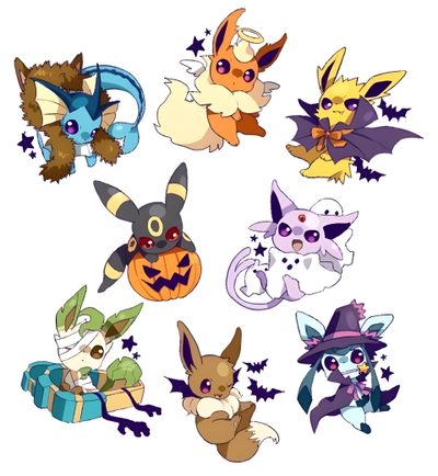 the pokemon characters are all dressed up for halloween Eevee Evolutions Halloween Eevee Pumpkin, Glaceon Halloween, Sylveon Halloween, Halloween Umbreon, white
