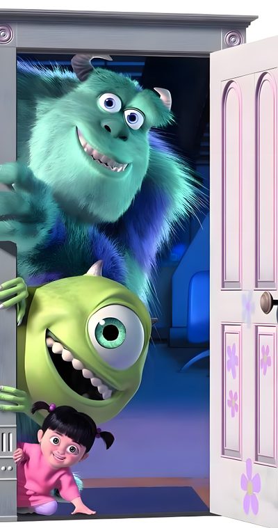 an image of monsters coming out of the door with two children looking at them from behind Monsters Inc Halloween Monster Inc, Boo Monsters Inc Aesthetic, Monster Inc Aesthetic, light slate gray