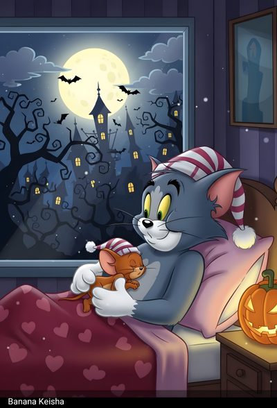 a cat sitting on top of a bed holding a stuffed animal Tom And Jerry Halloween Tom And Jerry Thanksgiving, Tom Jerry Thanksgiving, Tom And Jerry Halloween Drawing, dark slate gray