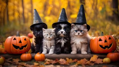 three small kittens are sitting in front of pumpkins and jack - o'- lanterns Cute Dog And Cat Halloween Dog Sitting In Pumpkin, Orange Kittens In Witch Hats, Kitten With Witch Hat And Pumpkin, sienna