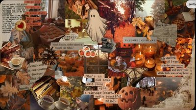 a collage of pictures with pumpkins, candles and other things on it's surface Halloween Collage Laptop Laptop Fall, Halloween Desktop, Desktop Fall, Halloween Cute, Fall Background, sienna