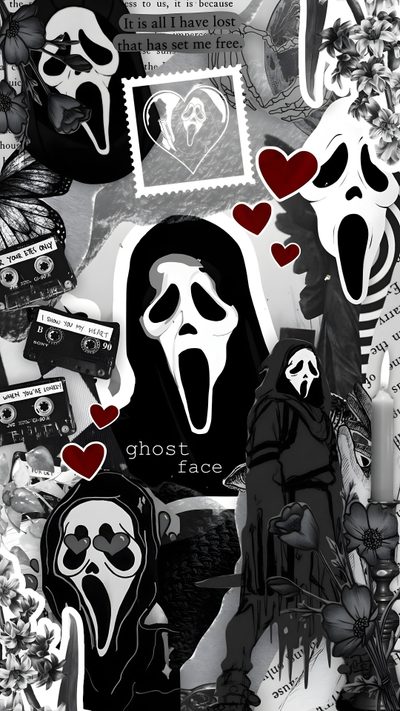 some stickers that are on the side of a wall with different pictures and words Scream Edgy Aesthetic Halloween Ghostface Aesthetic, Ghost Face Aesthetic, Halloween Iphone Backgrounds, dark slate gray