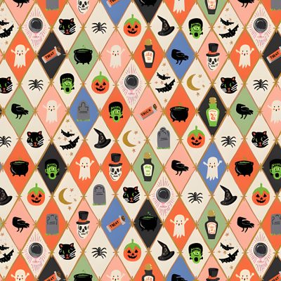 an image of halloween themed wallpaper with pumpkins and witches on it's faces Halloween Argyle Halloween Ii, Halloween Icons, Metallic Prints, Dots Design, Metallic Fabric, burlywood