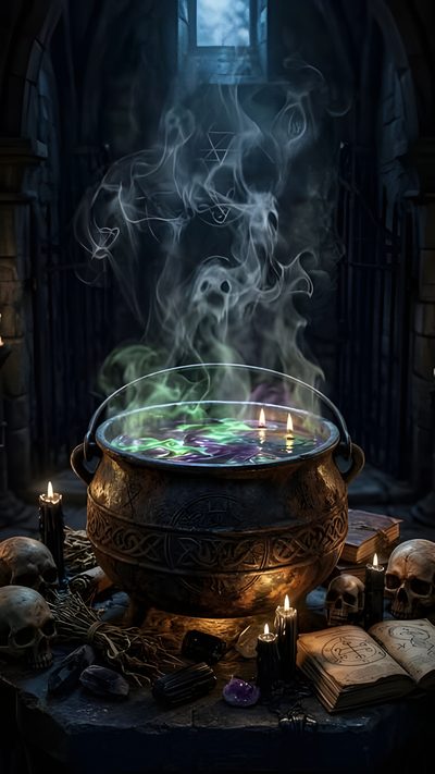 a large pot filled with steam sitting on top of a table next to candles and books Halloween Spooky Cauldron Snakes Potions Witch, Art Reference, black