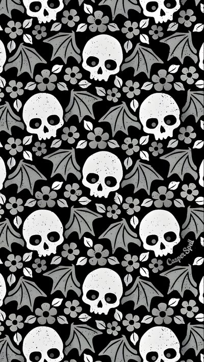 a black and white background with skulls, flowers and bats on it's sides Halloween Skull And Bat Gothic Floral, Black And White Skull Pattern, Gothic Themed Room Decor, dim gray