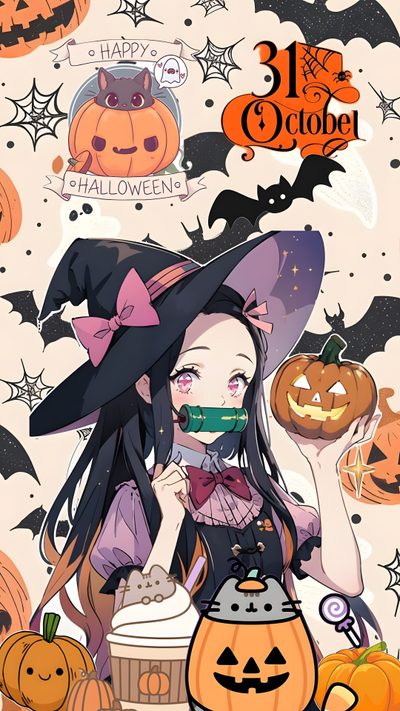 a girl in a witch costume holding a cup and pumpkins with the words happy halloween written on it Nezuko Kamado Halloween Anime Halloween, Anime Character Drawing, Halloween, Pictures To Draw, dark salmon