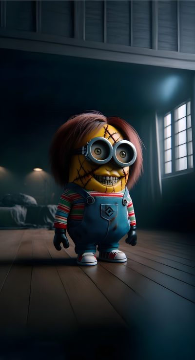 a minion in overalls standing on a wooden floor Minions Halloween Minion Chucky, Chucky Minion, Evil Minion, Minions Horror Movie, Frankenstein Minion, black