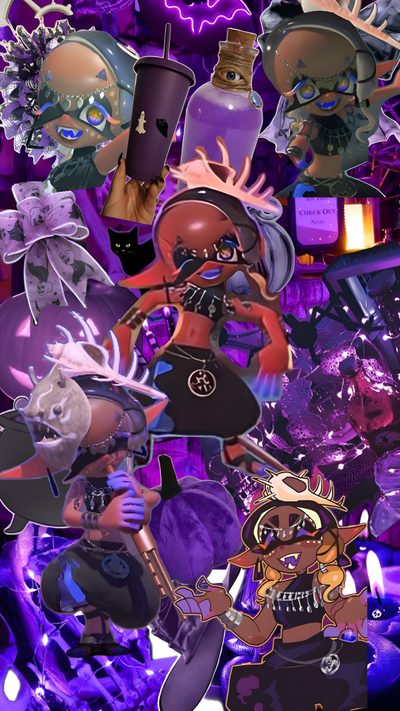 an animated character surrounded by purple and blue lights, with various items in the background Splatoon Halloween Halloween Iphone, Halloween Backgrounds, Halloween, Pretty Backgrounds, dark slate blue