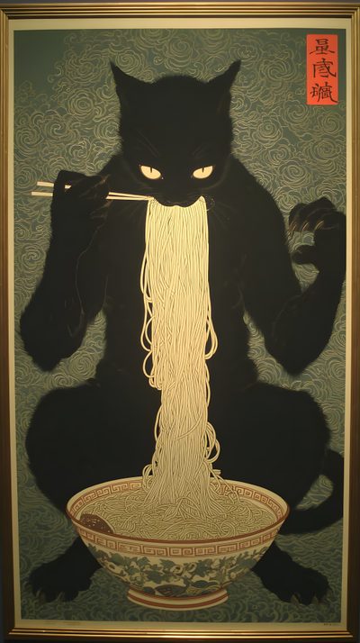 a black cat is eating noodles with chopsticks Japanese Halloween Traditional Japanese Art Aesthetic, Japanese Yokai Art, Black Cat In Japanese, dark olive green
