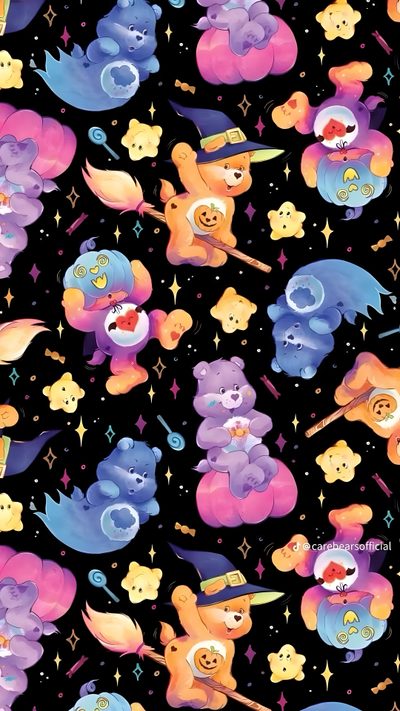 the bears are all wearing hats and holding wands in their hands, with stars around them Aesthetic Halloween Care Bear Care Bear Fall, Carebear Halloween, Care Bear Halloween, dark slate gray