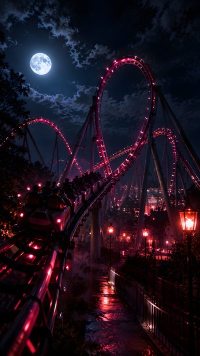 an amusement park at night with the moon in the sky and lights shining down on it Halloween Roller Coaster Night Rides Aesthetic, Scream, Amusement Park, Roller Coaster, Brave, black