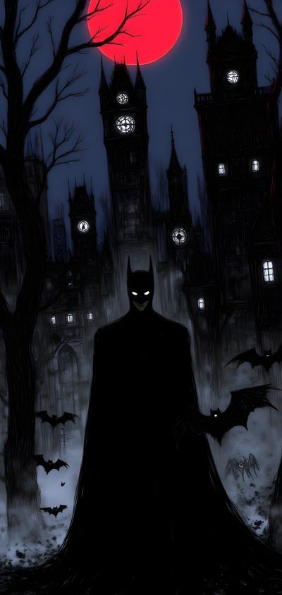 a batman standing in front of a castle at night with the moon shining behind it Batman Halloween Batman Halloween Iphone, Batman Gothic, Batman Halloween Background, Batman Horror, black