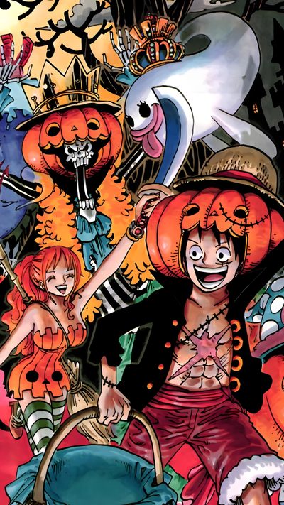 an image of some cartoon characters with pumpkins and other things in the background, Luffy Halloween One Piece Halloween, One Piece Fall, Luffy Pumpkin, One Piece Halloween Icons, sienna