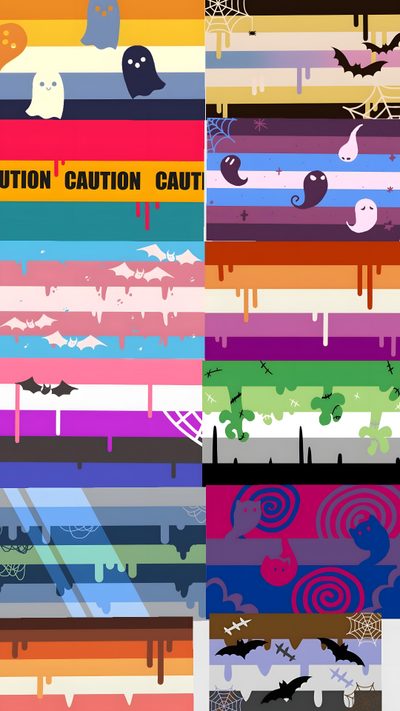 an assortment of halloween themed wallpapers with the words caution caution written on them Halloween Pride Flag Cool Lgbtq Flags, Omni Halloween Flag, Aroace Halloween Flag, rosy brown