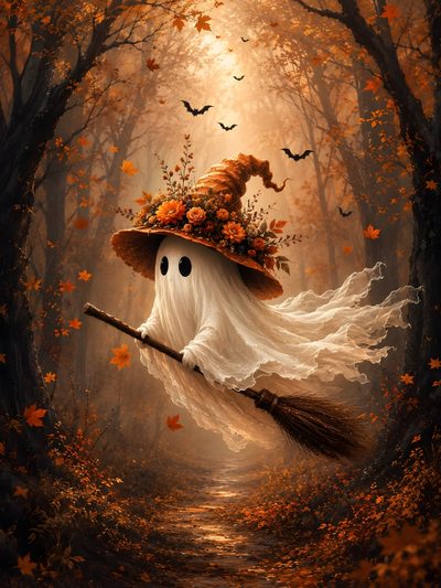 a painting of a ghost with a broom flying through the air in front of trees Witch Broomstick For Halloween Whimsical Witch Aesthetic, Cozy Ghost, Vintage Halloween, saddle brown