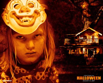 a child with a mask on her head and an evil looking face in front of a house Halloween Rob Zombie Trick R Treat 2007 Movie Poster, Tyler Mane Halloween 2007, Halloween 2007 Movie, maroon