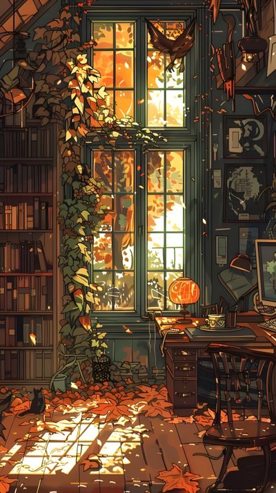 an image of a room with leaves on the floor and bookshelves full of books Halloween Library Cozy Halloween, Autumn Aesthetic Art, Fall Illustration Art, dark olive green
