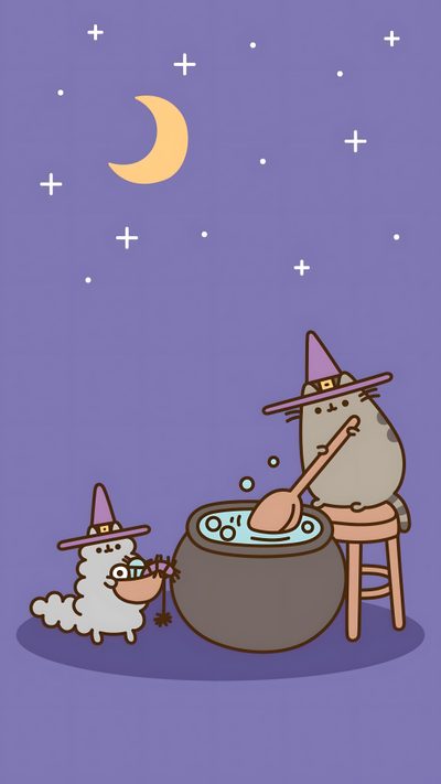 an image of a witch and her cat cooking in the witches caulder at night Aesthetic Halloween Pusheen Pushers Halloween, Witch Pusheen, Fall Pusheen, light slate gray