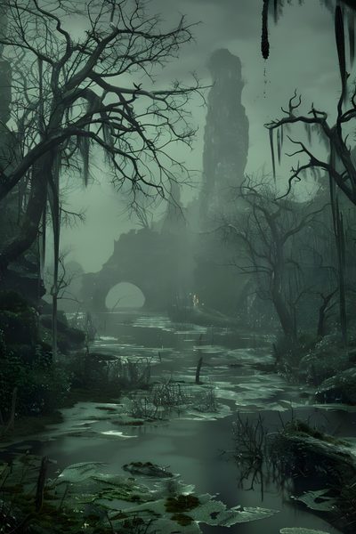 a swampy area with trees, rocks and water Halloween Swamp Dark Fantasy Swamp Ruins, Dark Swamps, Landscape Swamp, Swamp Mtg, dark slate gray