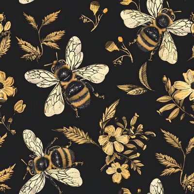 Gold Bee Pattern Background, Vintage Bee Wallpaper Design, Vintage Bee Wallpaper, Bee Pattern Wallpaper, Bee Background Aesthetic, Bee And Flower Pattern On Black Background, Black Background Bee Design, Bee Wallpaper Black Background, Dark Bee Wallpaper Halloween Bees Accent Ideas Gold Bee Pattern Background, Vintage Bee Design, Vintage Bee, Bee Pattern, black