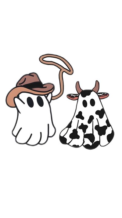 two cartoon cows wearing hats and one has a long horn on it's head Cowboy Ghost Halloween Affiche Design, Cute Images For, Cute Backgrounds, Halloween Canvas Art, white