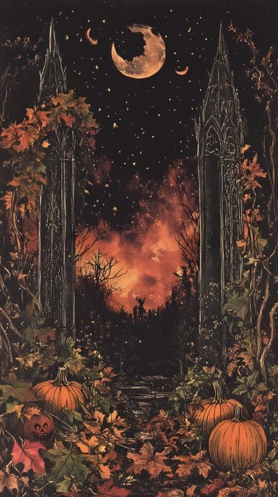 an image of a halloween scene with pumpkins Black And Gold And Orange Halloween Spooky Iphone, Halloween Dark Aesthetic, Vintage Halloween Aesthetic, dark slate gray