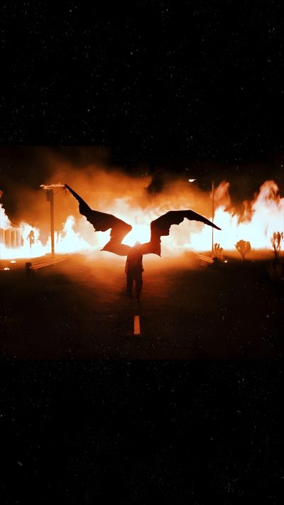 a person standing in front of a large fire with wings spread over their shoulders and arms Halloween Billie Eilish Creative Photography Inspiration, Dark Night Fire Scene, Fantasy Art Background Ideas, black