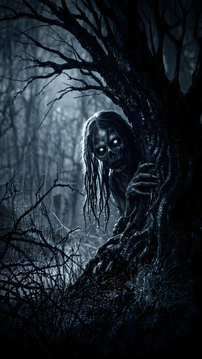a creepy zombie is hiding behind a tree in the dark woods with his eyes open Horror Background With Scary Monster Halloween Spooky Zombie, Ghost Rider, Graff Art, Evil Demons, black