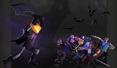 an animated image of people dressed in halloween costumes and holding bats, with bats flying above them Tf2 Halloween Tf2 Scout Bat, Tf2 Halloween, Tf2 Pootis Bird Gif, Tf2 Skeleton, Team Fortress 2 Zombie, black