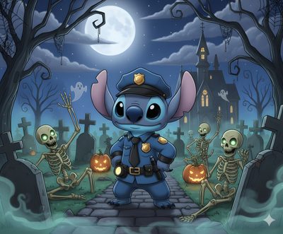 a cartoon character dressed as a police officer in front of halloween graveyard with skeletons and pumpkins Stitch Halloween Desktop Halloween, Stitch Disney, dark slate gray