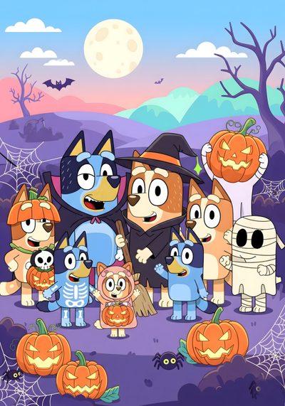 an image of cartoon characters with pumpkins in the background Bluey And Bingo Halloween Fun Art Print, Bluey Halloween, Halloween Cute, Spooky Costumes, dark gray
