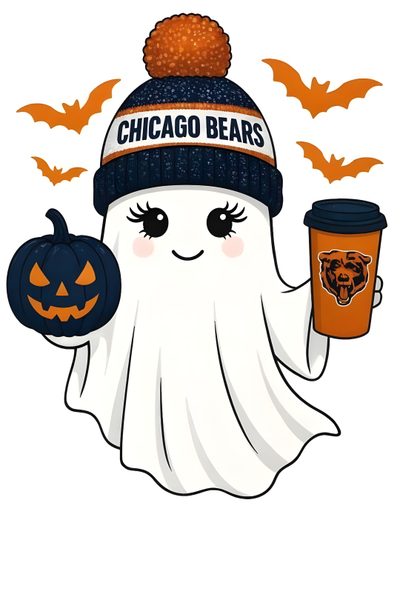 a white ghost holding a cup of coffee and wearing a chicago bears knitted hat Chicago Bears Halloween Yard Art, T Shirts With Sayings, Chicago Bears Pumpkin, Bears Football Drawing, white