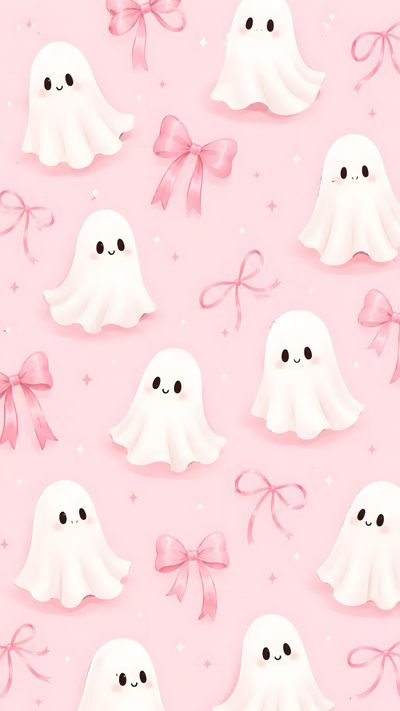 a pink background with white ghostes and bows on it's sides, all in different sizes Pink Bow Halloween Coquette Halloween, Cute Halloween, Pink Ghost, Cute Ghosts, Cute Ghost, misty rose