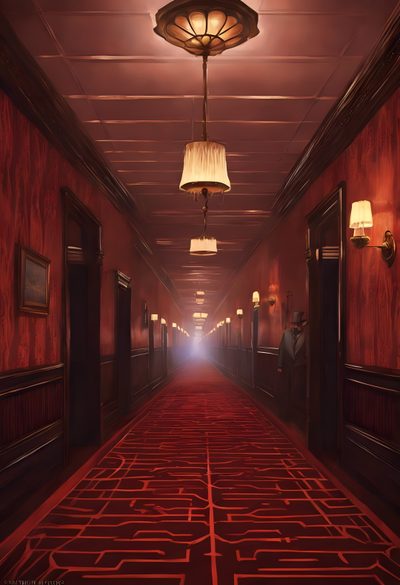 a long hallway with red carpet and two lamps hanging from the ceiling above it is a maze in the floor Halloween Haunted Hotel Haunted Hotel Background, Haunted Hotels, Hotel Core, Eerie Design, maroon