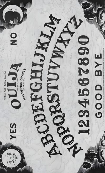 an old concert poster with black and white lettering Halloween Ouija Ouija Board Free, Free Ouija Board, Ouija Board Print Out, silver