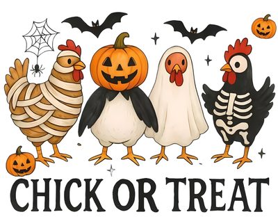 three chickens and two turkeys are standing in front of a sign that says, chicken or treat Halloween Chicken Funny Farm, Chicken Halloween, Etsy Inspiration, Chicken Owner, Chicken Crafts, snow