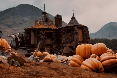 pumpkins are piled on the ground in front of an old house with mountains in the background Hogwarts Halloween Desktop Hagrids Hut, Hagrid Aesthetic, Hagrid Hogwarts Grounds, Imac, saddle brown