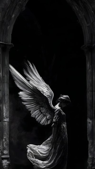 an angel standing in the dark with her wings spread out, looking down at something Gothic Halloween All Gray Grey By Angel Gothic Angel, Downloads, Dark Angel Background, Angel, black