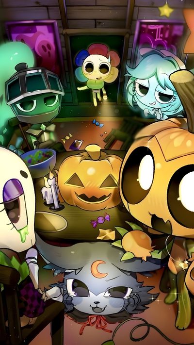 an animated halloween scene with pumpkins, cats and ghost Halloween Dandys World Halloween Toons, Angel Drawing, Dandy Comic, Image Chat, Nyan Cat, dark olive green