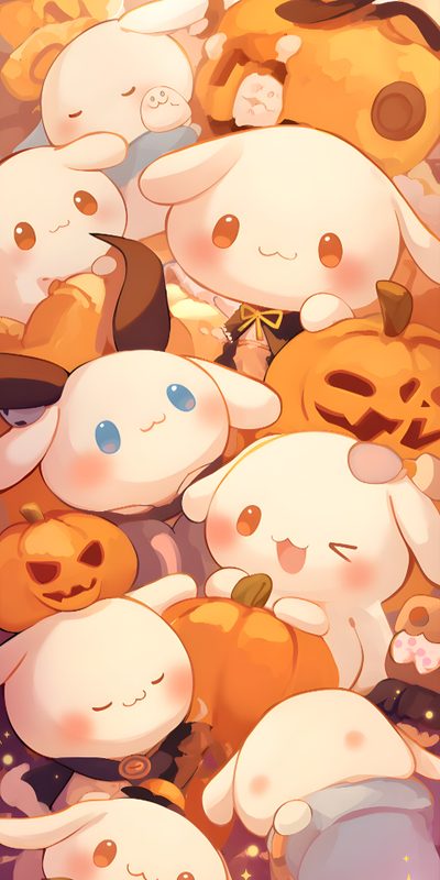 a bunch of stuffed animals that are in the air with some pumpkins on them Halloween Cinnamon Roll Survival Skills Life Hacks, Sanrio, Cute Easy Doodles, Diy Cricut, light pink