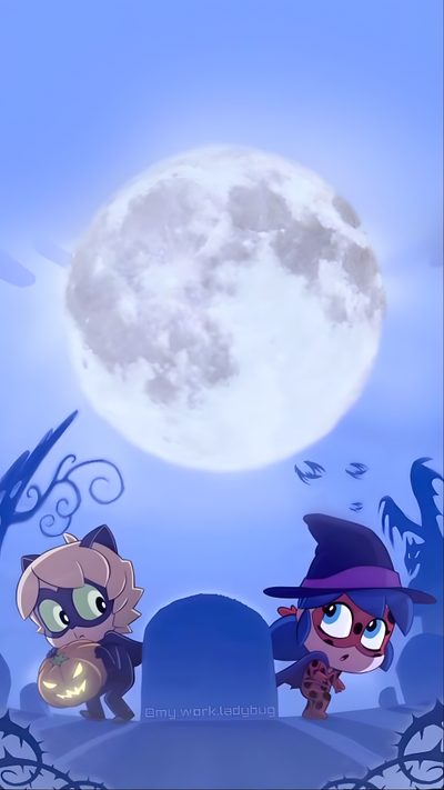 three cartoon characters standing in front of a full moon Miraculous Ladybug Halloween Miraculous Halloween, Halloween Miraculous Ladybug, Miraculous Ladybug Halloween, light sky blue