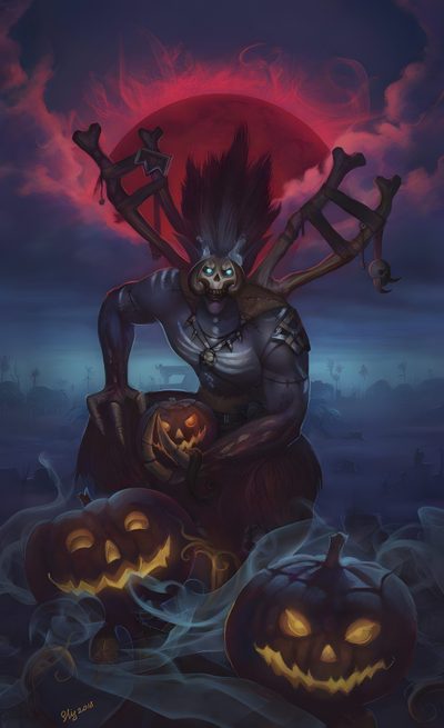 a demonic demon sitting on top of two pumpkins World Of Warcraft Halloween Warcraft Fall, Warcraft Undead Art, Wow Undead Art, Wow Undead, dark slate gray