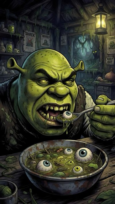 a cartoon character eating food from a bowl with an evil looking face on his face Halloween Shrek Shrek, Winnie The Pooh, Surrealism, Art Inspo, Sci Fi, Naruto, dark slate gray