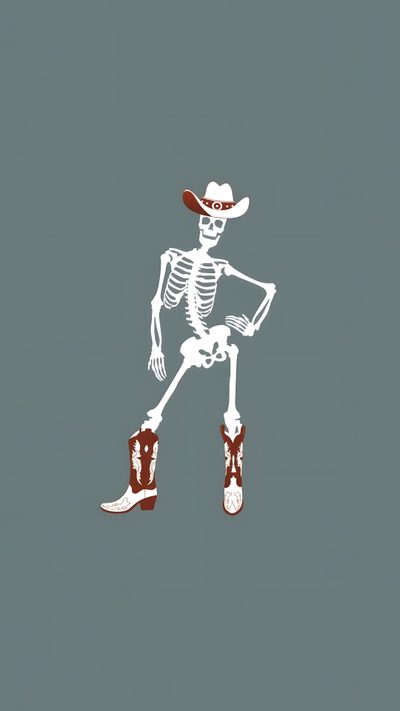 a skeleton wearing cowboy boots and a hat is standing in the middle of a gray background Cowboy Halloween Country Fall Iphone, Skeleton Cowboy, Vintage Country Iphone, Cowboy Ipad, dim gray
