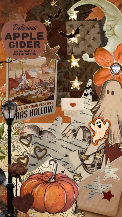 an altered collage with pumpkins, paper and other things on it's surface Halloween Wallpaperiphone Autumn Phone, Halloween Iphone Backgrounds, Halloween Backgrounds, sienna
