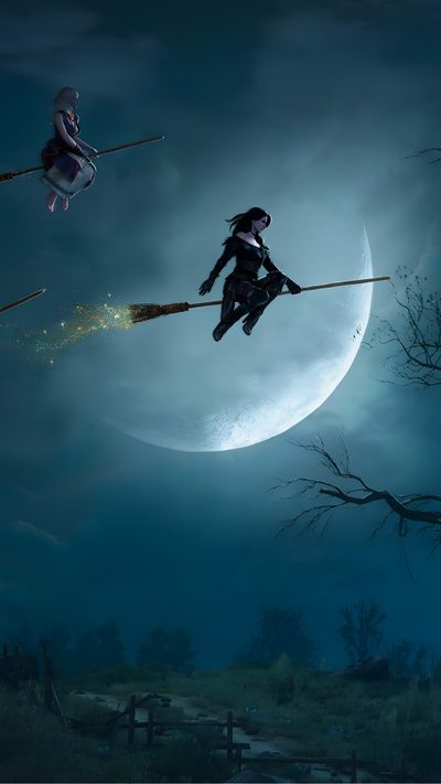 two witches flying on brooms in front of a full moon with the same witch's tail Witcher Halloween Assassins Creed Hexe, Witchfire, Silent Witch 4k, Night Witch, dark slate gray