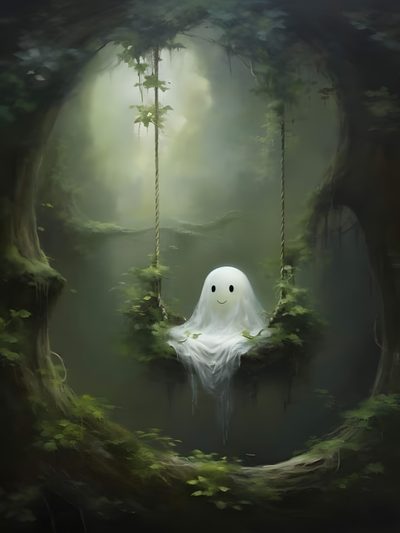 a painting of a ghost floating in the middle of a forest with trees and bushes Halloween Ghost Tree Image Halloween, Surreale Kunst, Halloween Artwork, Halloween Painting, dark slate gray